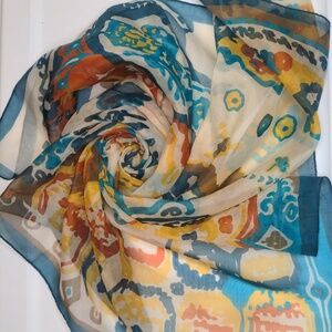 Vintage 70s Teal & Brown Scarf Sheer Aztec Print Western Boho Bandana